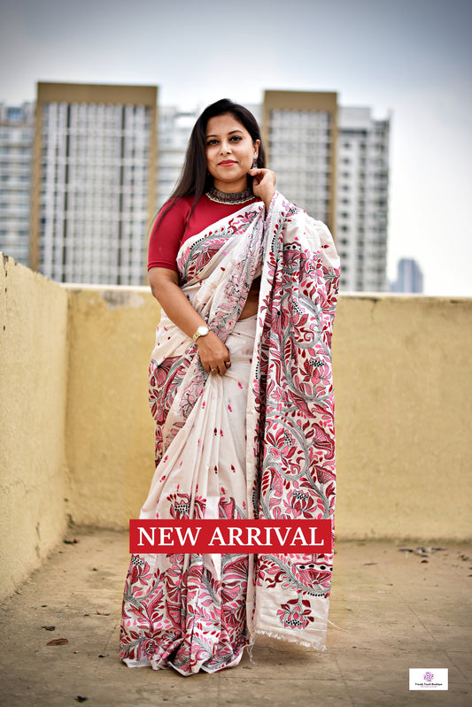 kantha hand embroidered designer bangalore art silk saree white with lotus kantha work in red maroon pink and black best summer fabric blouse piece for wedding functions and special celebrations style festive wear saree