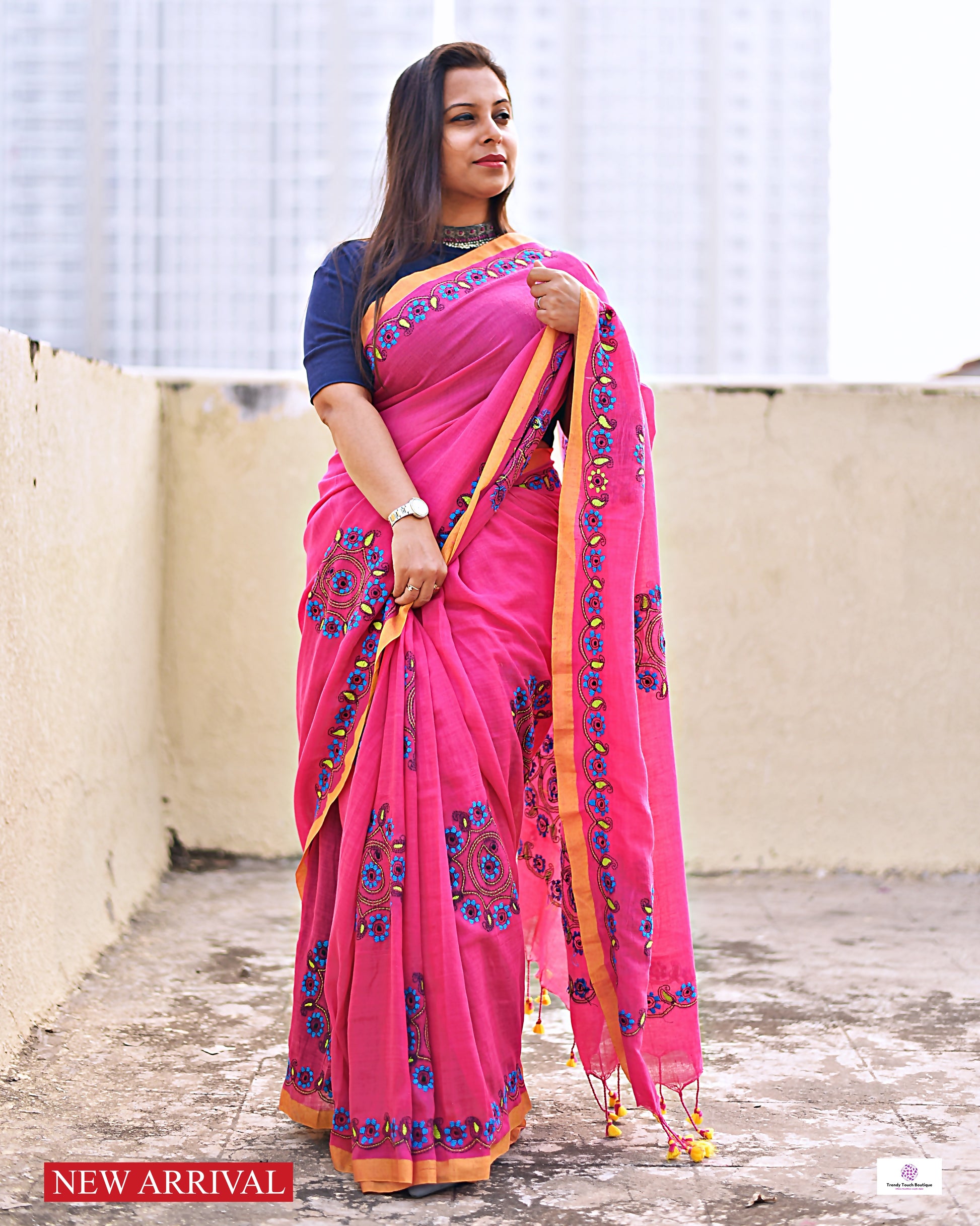 kantha handembroidered pink mulcotton saree with yellow tassel for office wear and casual outing wedding and special functions with blouse piece best price