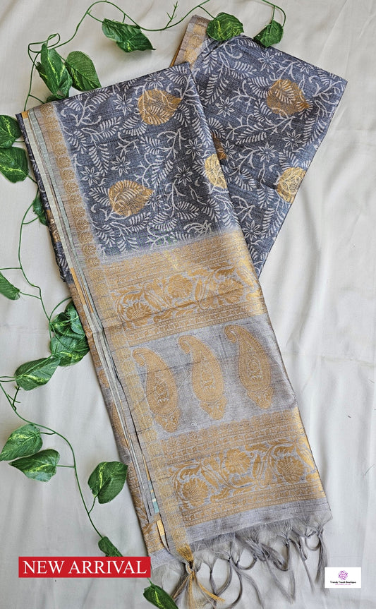 GREY LEAF - LEAF PRINT - SEMI TUSSAR SILK SAREE (GREY)