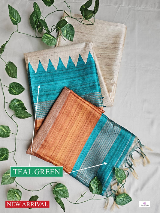 TRISHA - GANGA-JAMUNA BORDER - SEMI GHICHA SILK (TEAL GREEN & YELLOW)