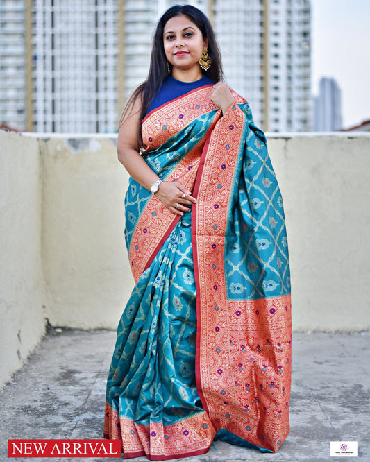 PRATIBHA - TEAL GREEN & BRIGHT RED - ZARI WORK SILK SAREE