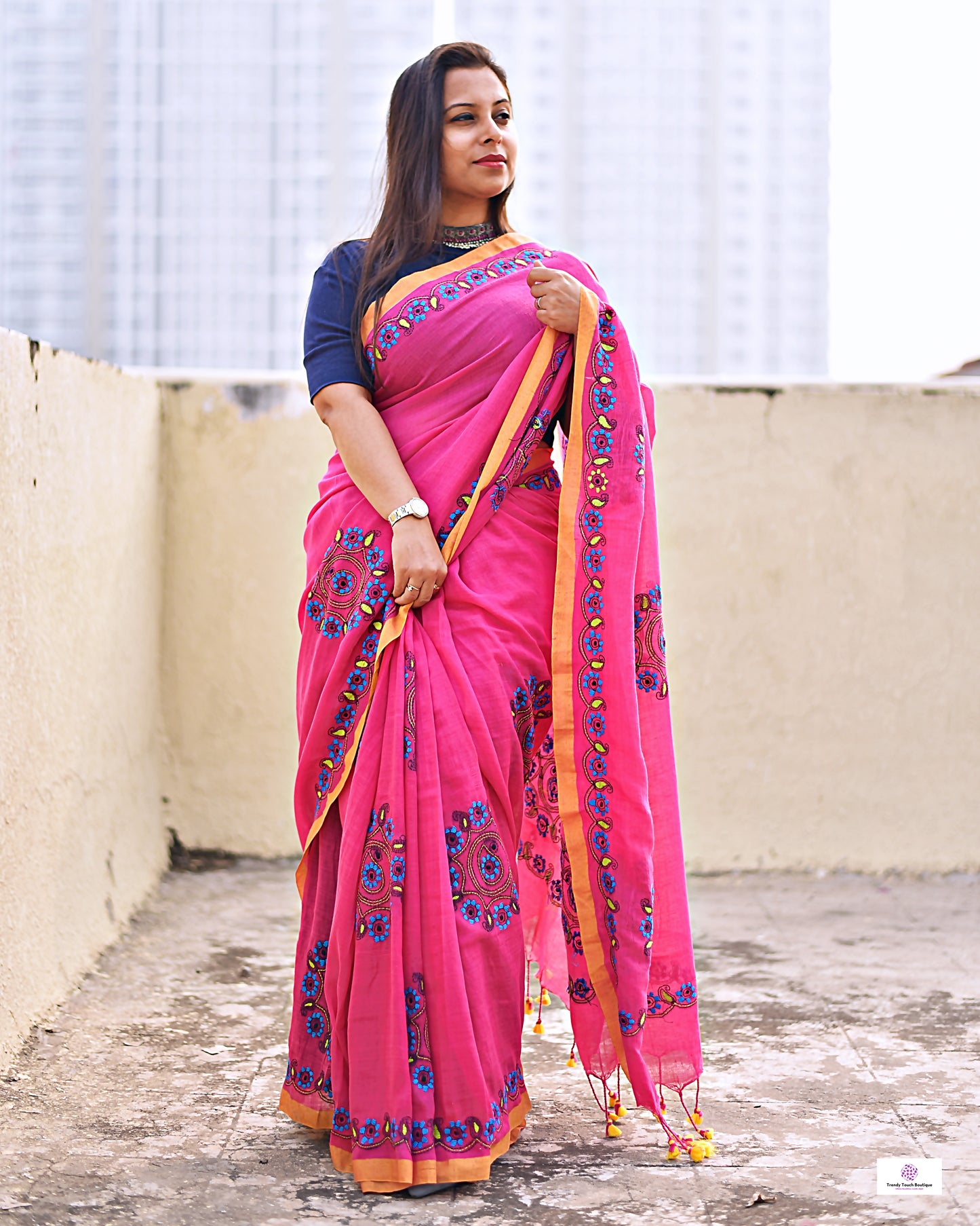 kantha handembroidered pink mulcotton saree with yellow tassel for office wear and casual outing wedding and special functions with blouse piece best price