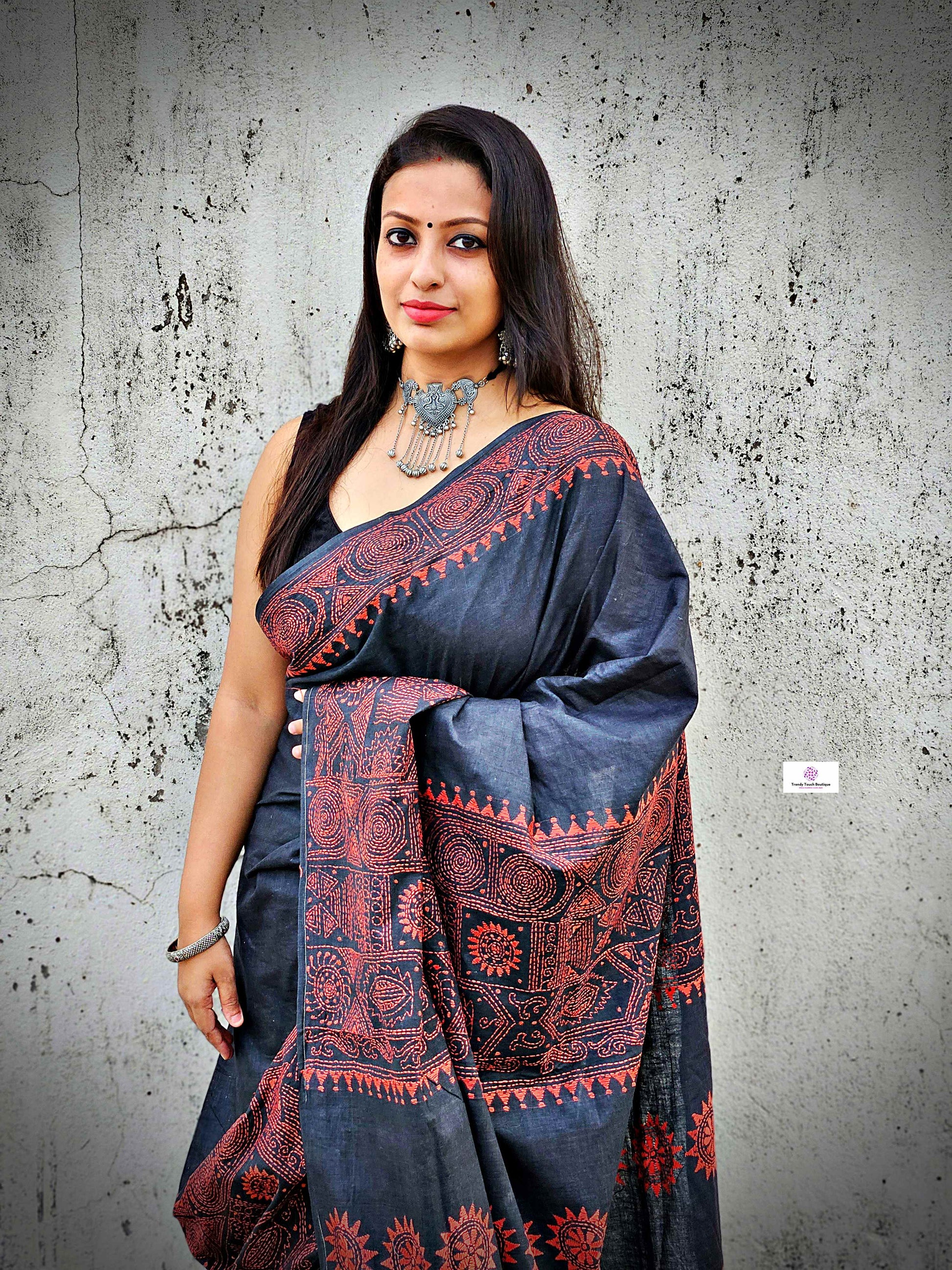 Khadi cotton handloom black saree with orange thread kantha hand embroidered best summer fabric for formal and casual styling marriage functions and family events with blouse piece best price
