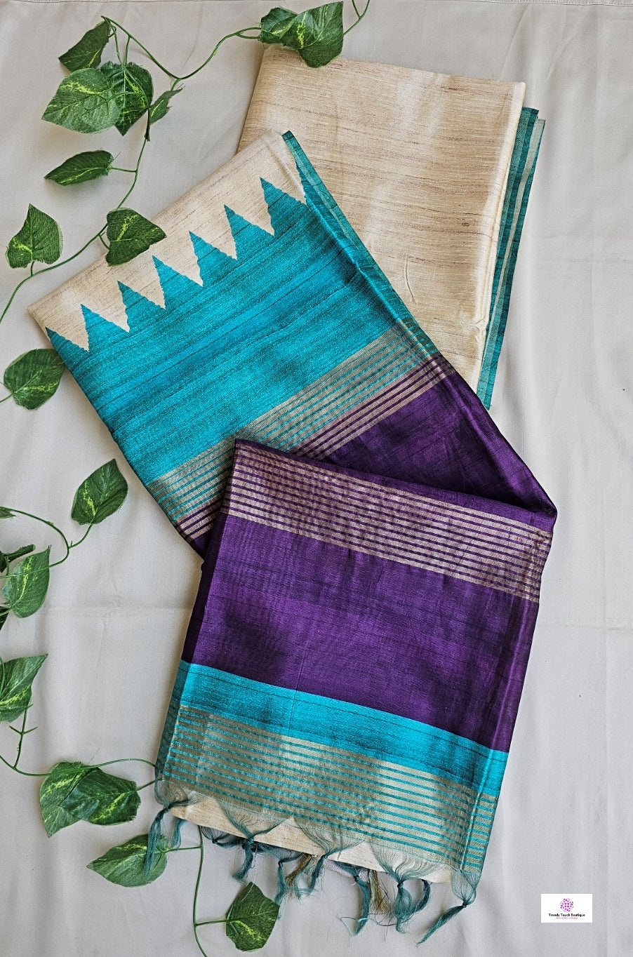 TRINA - GANGA-JAMUNA BORDER - SEMI GHICHA SILK (TEAL GREEN & PURPLE)