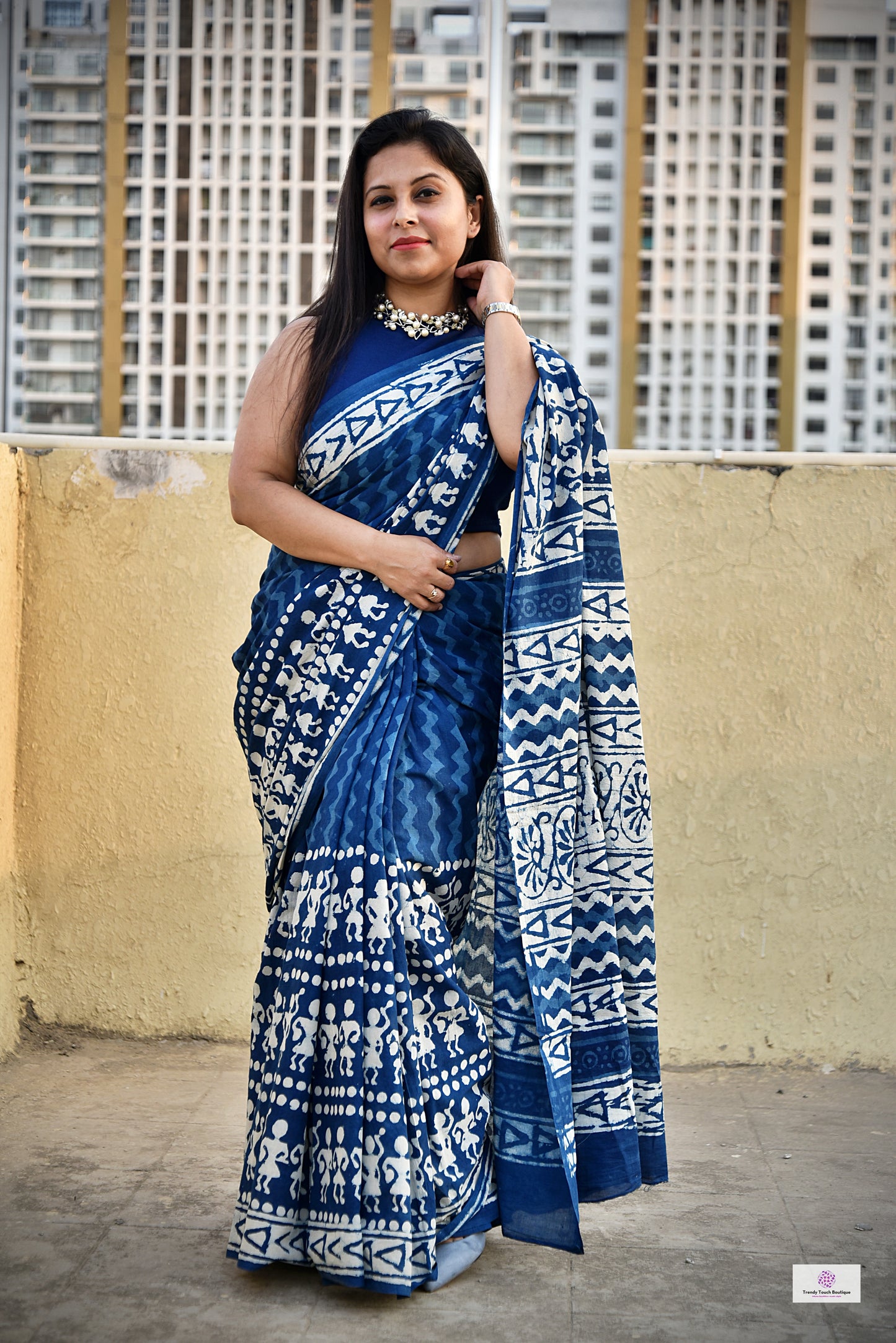 indigo blue handblock print mul cotton saree for summer office wear daily use saree best price