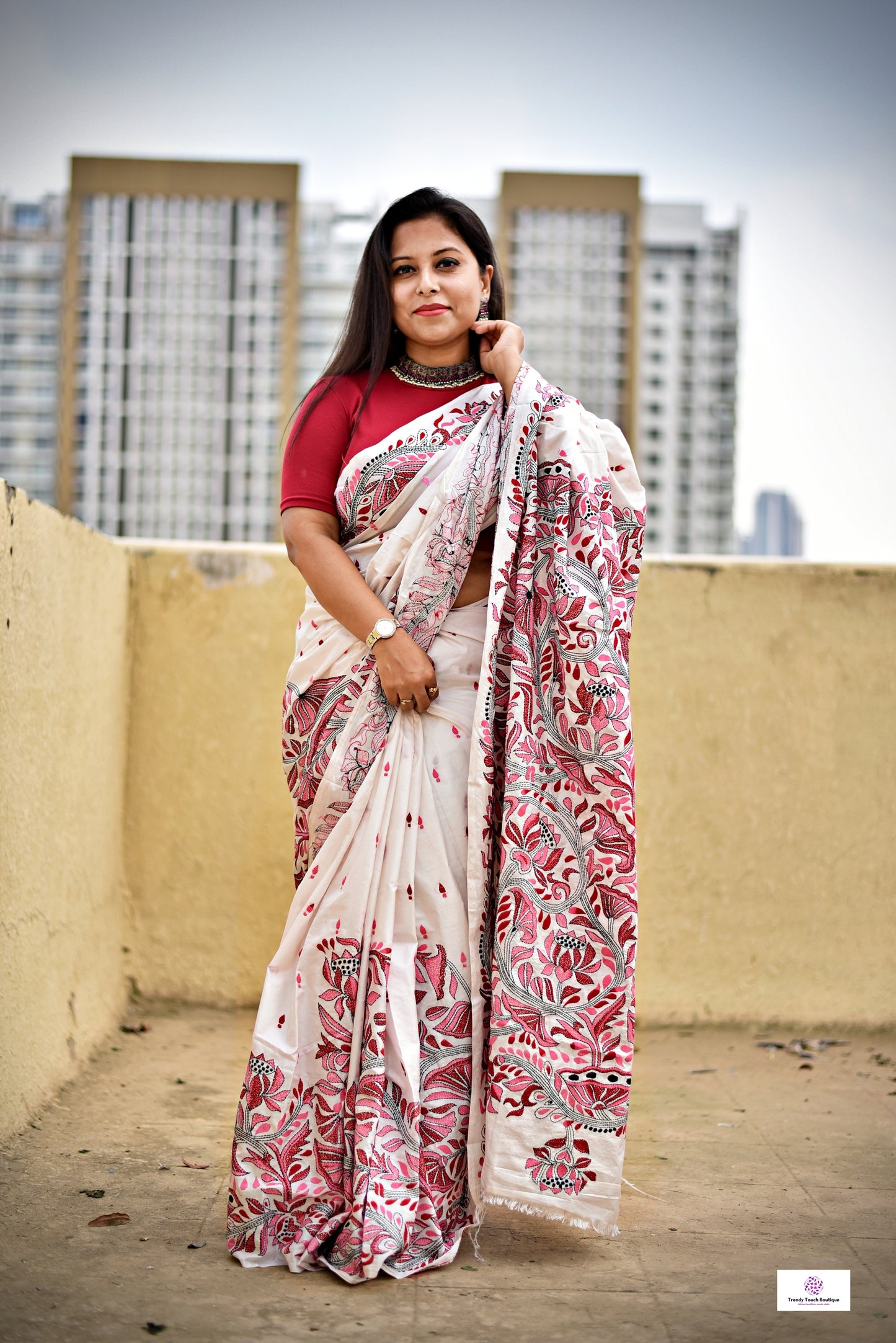 kantha hand embroidered designer bangalore art silk saree white with lotus kantha work in red maroon pink and black best summer fabric blouse piece for wedding functions and special celebrations style festive wear saree