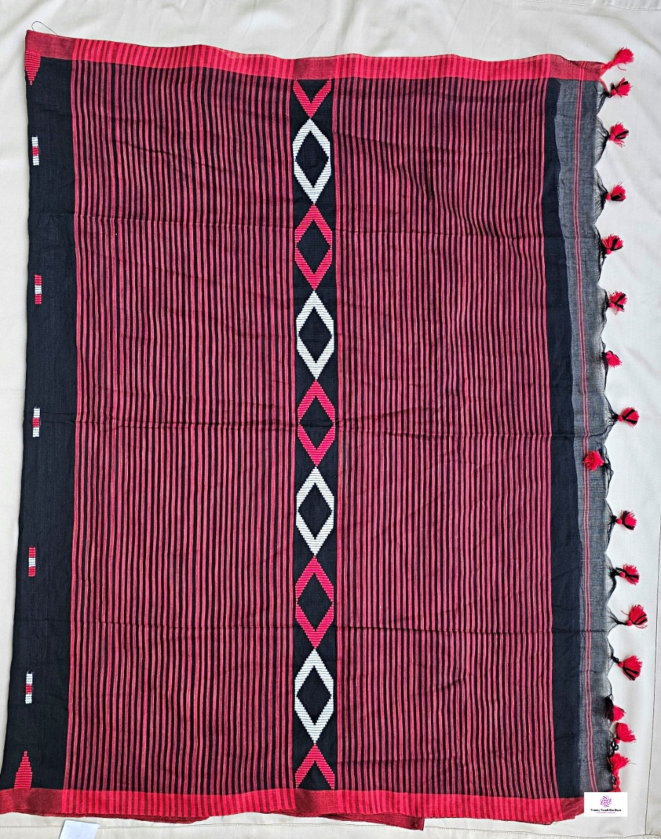 JAMINI - BENGAL COTTON HANDLOOM SAREE (BLACK & RED)