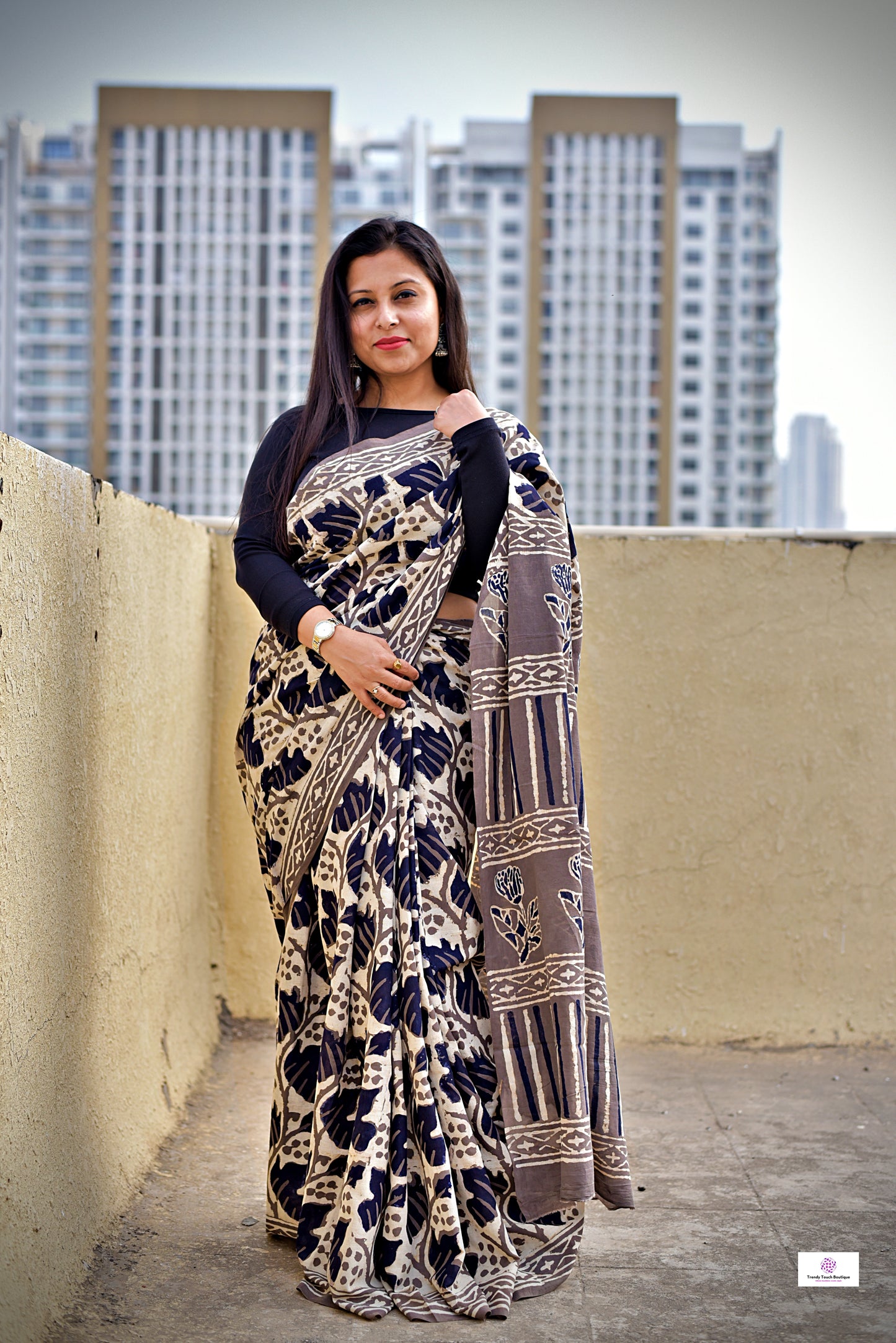 Black & Ash Grey Floral pattern Organic Handblock print in natural dye mul cotton saree office and casual styling best price best summer fabric with blouse piece