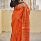 Orange green yellow white khesh khadi cotton handloom saree with hand embroidered kantha stitch summer celebration marriage function saree style with blouse piece 