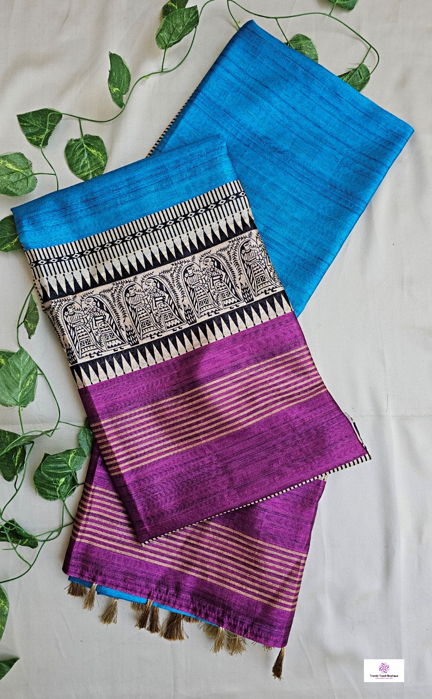 NEELI - MADHUBANI & BISHNUPURI PRINT - SEMI TUSSAR SILK SAREE (BLUE & PURPLE)