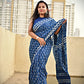 handblockprint mulcotton indigo saree office and casual wear best summer fabric in natural dye with zigzag and floral pattern with blouse piece