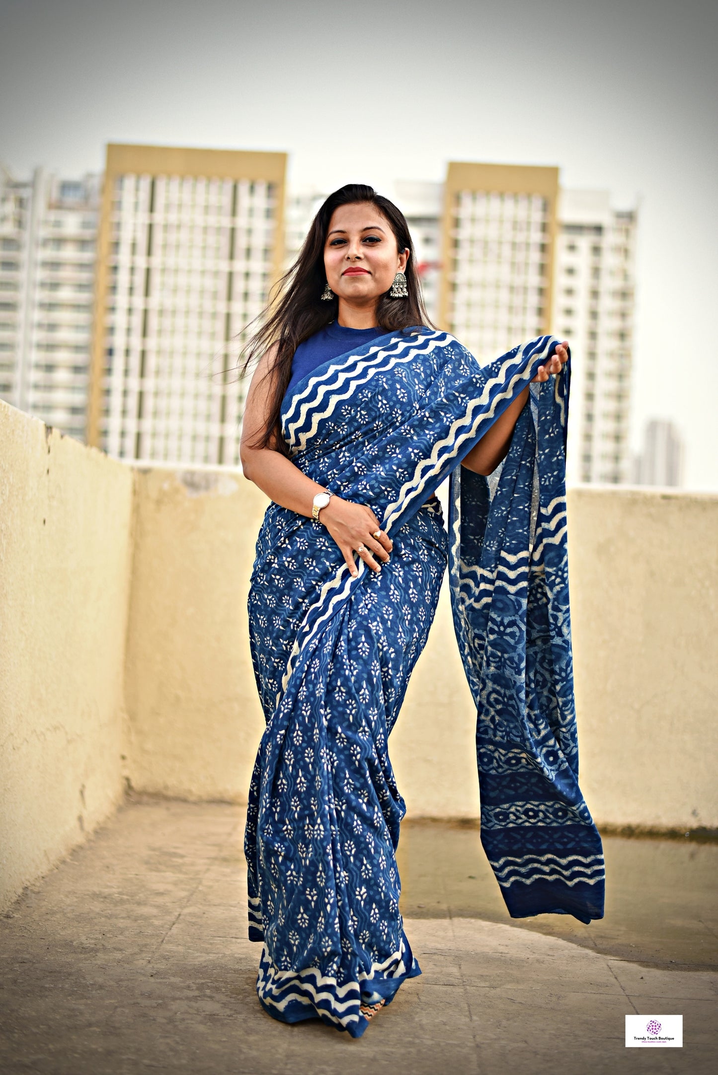 handblockprint mulcotton indigo saree office and casual wear best summer fabric in natural dye with zigzag and floral pattern with blouse piece