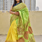 green yellow khadi cotton kantha handembroidered designer saree best summer fabric wedding and casual celebration get together with blouse piece best price