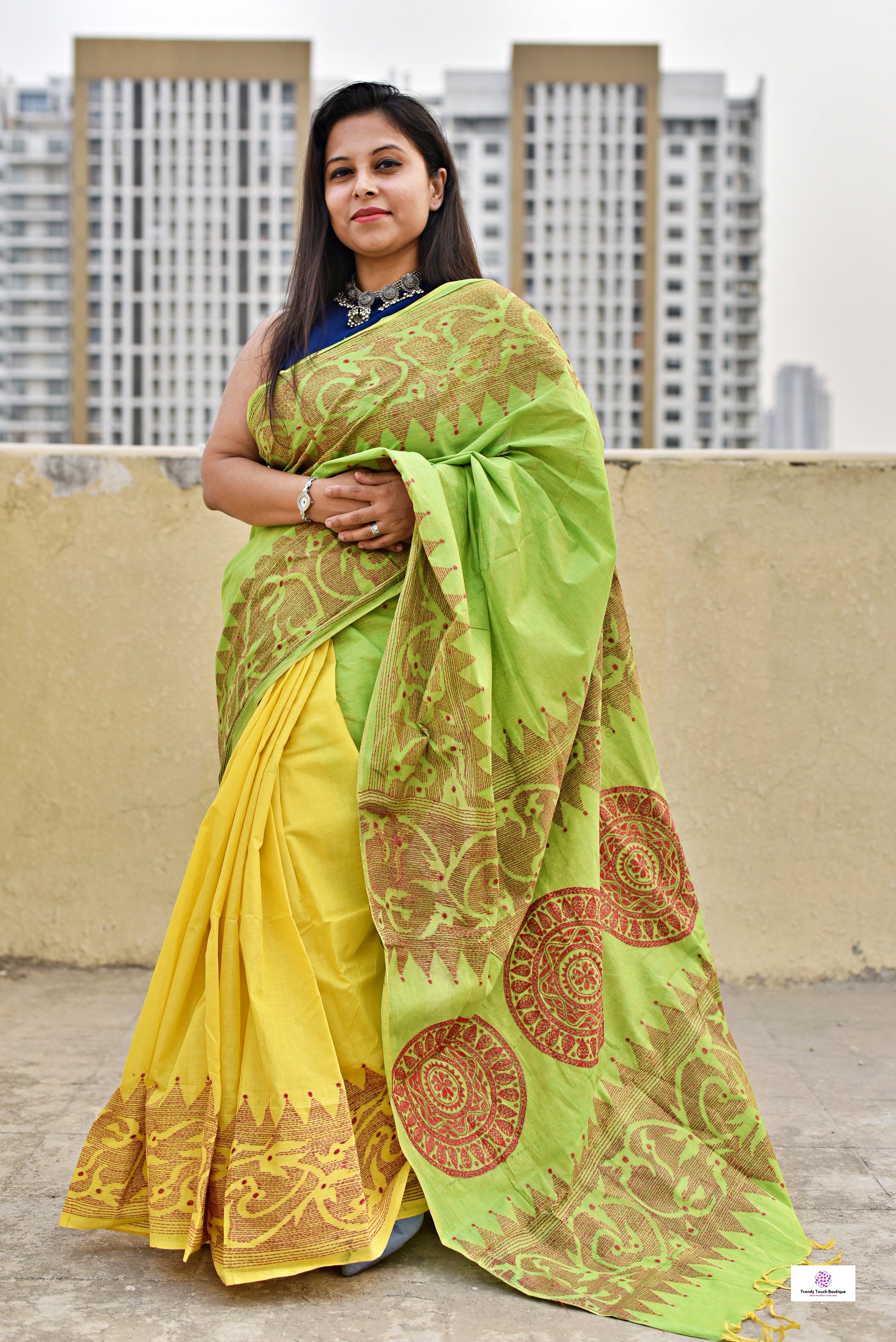 green yellow khadi cotton kantha handembroidered designer saree best summer fabric wedding and casual celebration get together with blouse piece best price