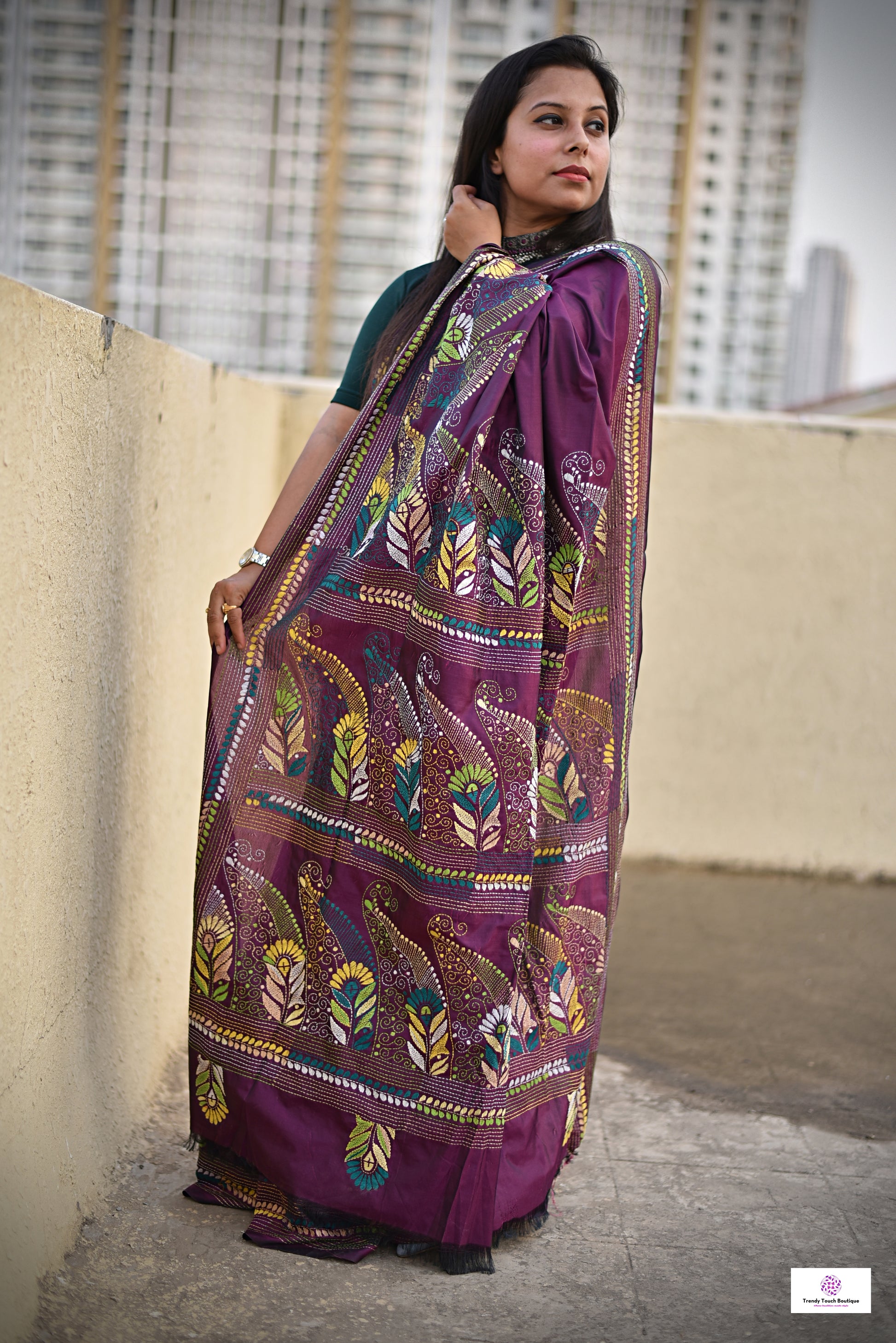 Magenta color designer handembroidered bangalore art silk saree with kantha handembroidery in white, green, yellow threads perfect for summer weddings and casual functions with blouse piece best summer fabric