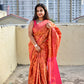 ikkat style digital print peach and pink saree for festival special functions and ocassions bridal ceremony with blouse piece best price.