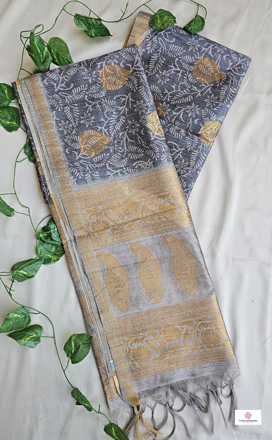 GREY LEAF - LEAF PRINT - SEMI TUSSAR SILK SAREE (GREY)