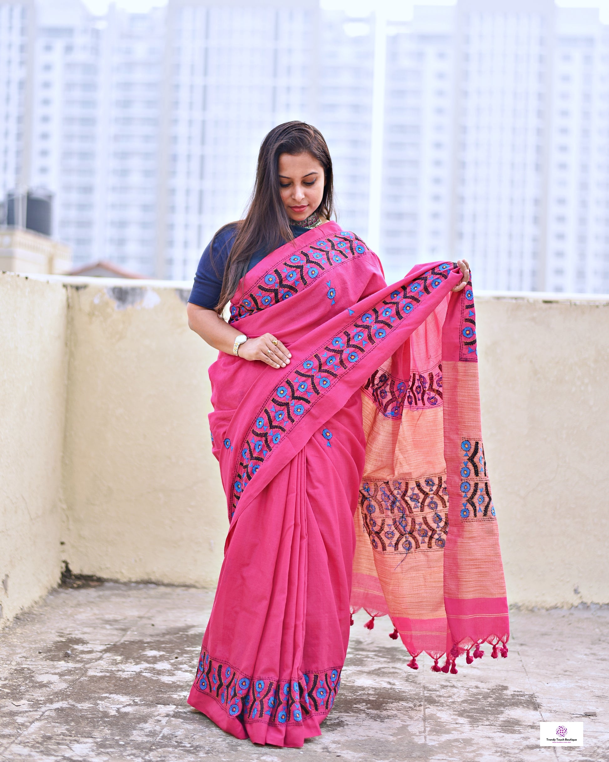 Kantha handembroidered designer cotton handloom saree pink with blue black thread office wear and casual outing special events with blouse piece best price