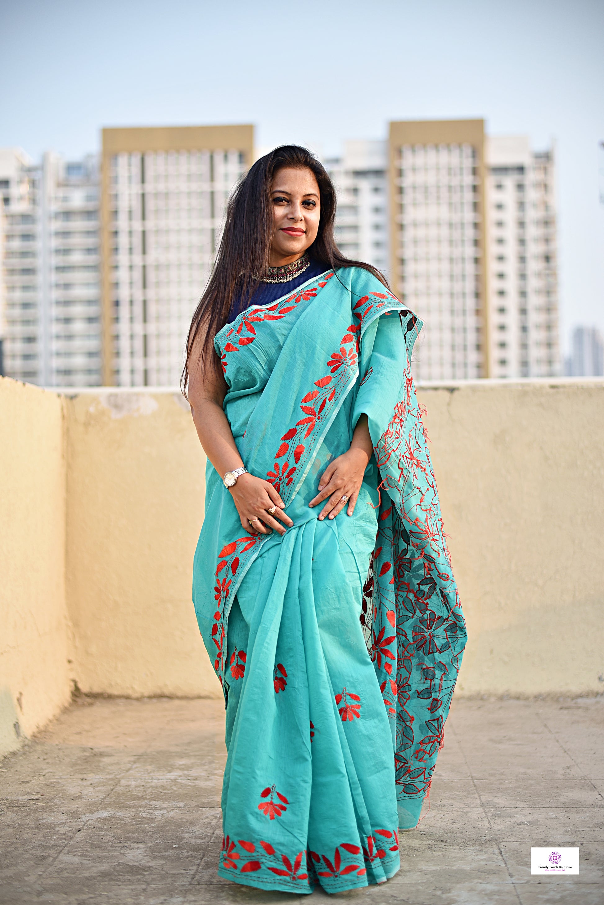 kantha handembroidered teal green and maroon designer cotton silk saree for office and summer celebration styling with blouse piece best price