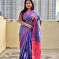 ikkat style digital print blue yellow dual tone and pink pallu soft silk saree for special function, puja and bridal ocassion with blouse piece best price