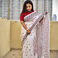 kutch and gujrati hand embroidered white bangalore art blended silk designer saree for festive wedding celebrations and special functions ocassion with blouse piece best price