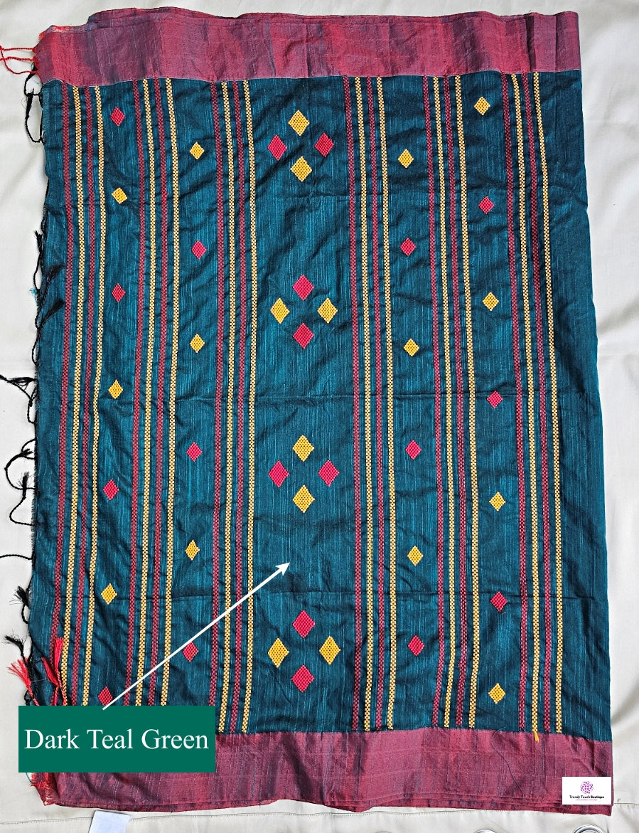 DIAMOND - BENGAL COTTON HANDLOOM SAREE (TEAL GREEN)