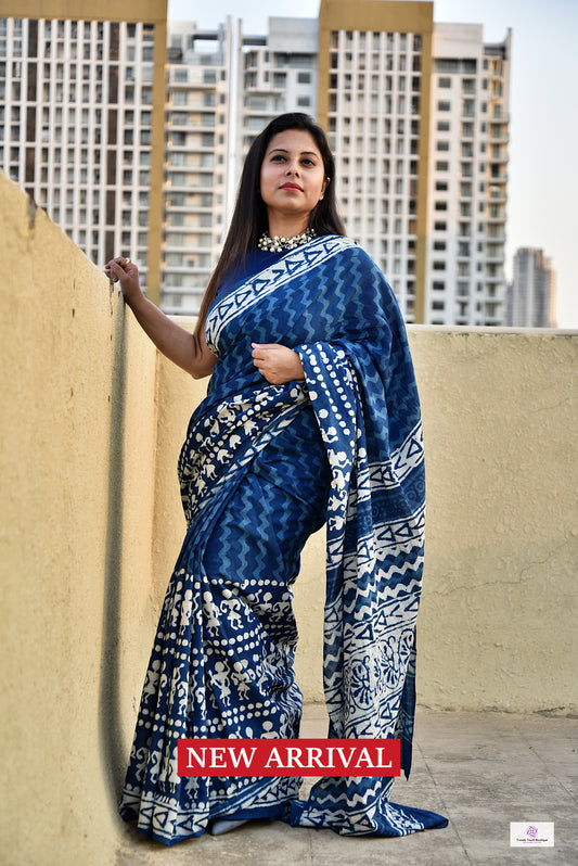 indigo blue handblock print mul cotton saree for summer office wear daily use saree best price