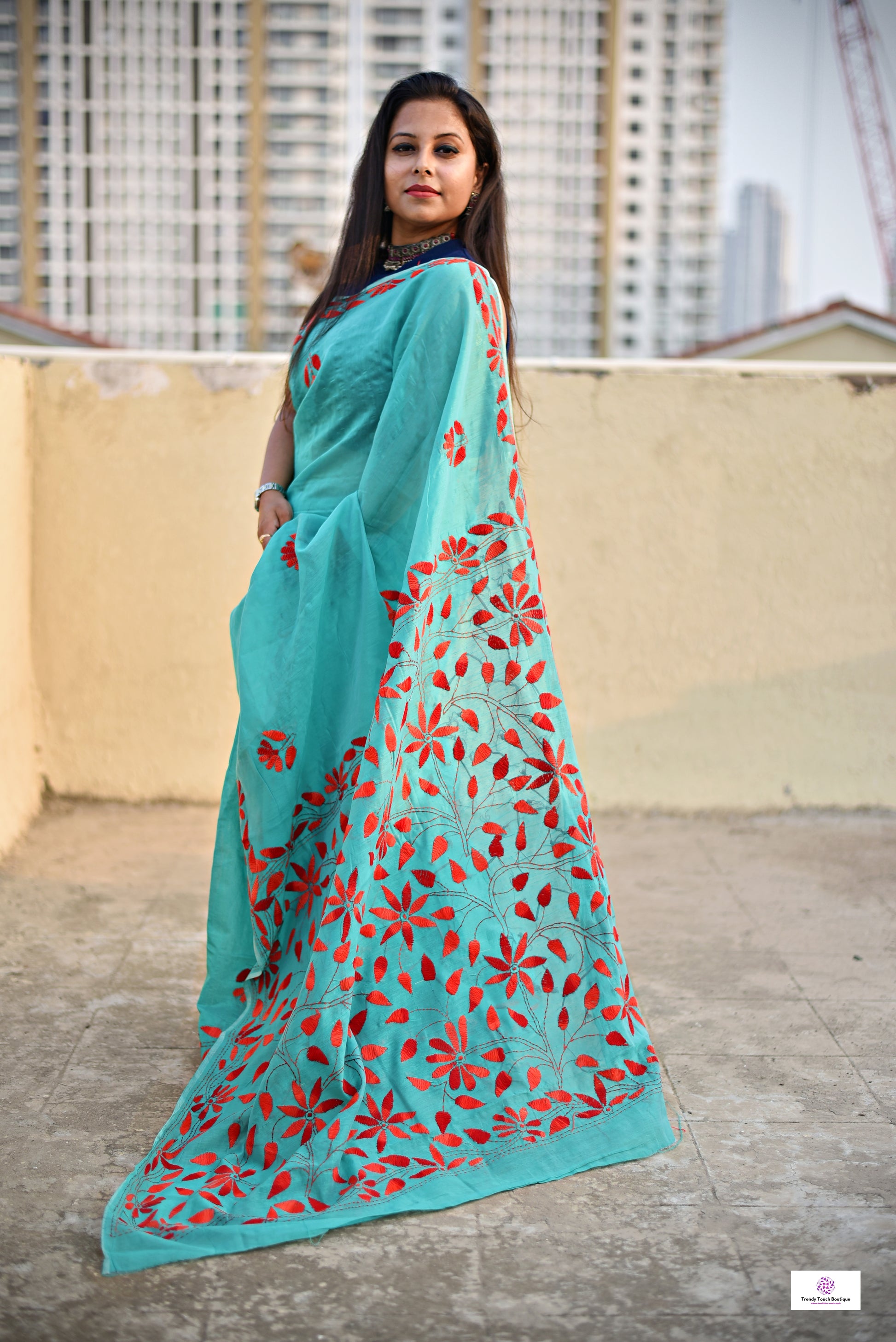 kantha handembroidered teal green and maroon designer cotton silk saree for office and summer celebration styling with blouse piece best price