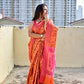 ikkat style digital print peach and pink saree for festival special functions and ocassions bridal ceremony with blouse piece best price.