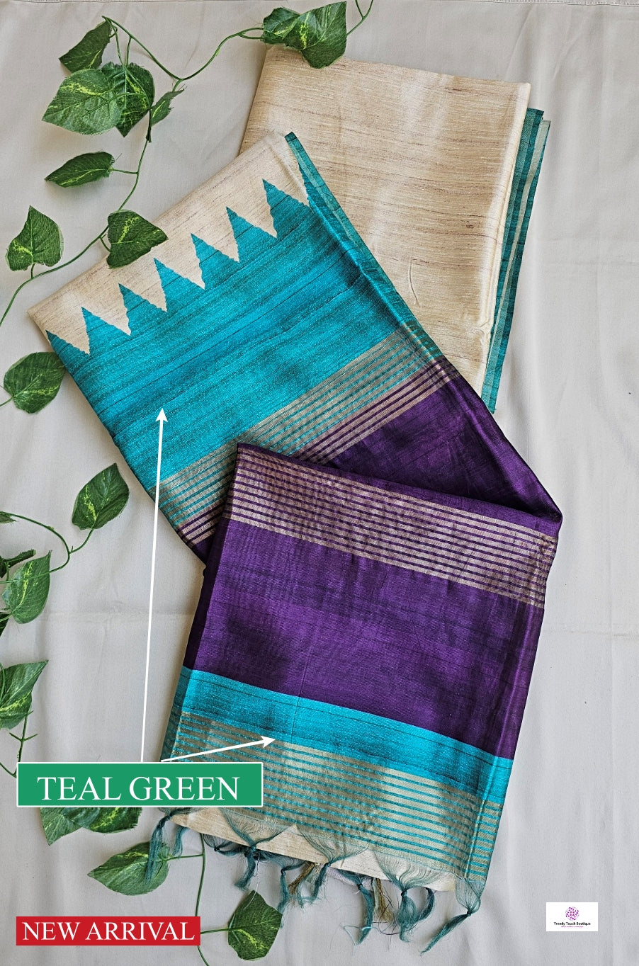 TRINA - GANGA-JAMUNA BORDER - SEMI GHICHA SILK (TEAL GREEN & PURPLE)