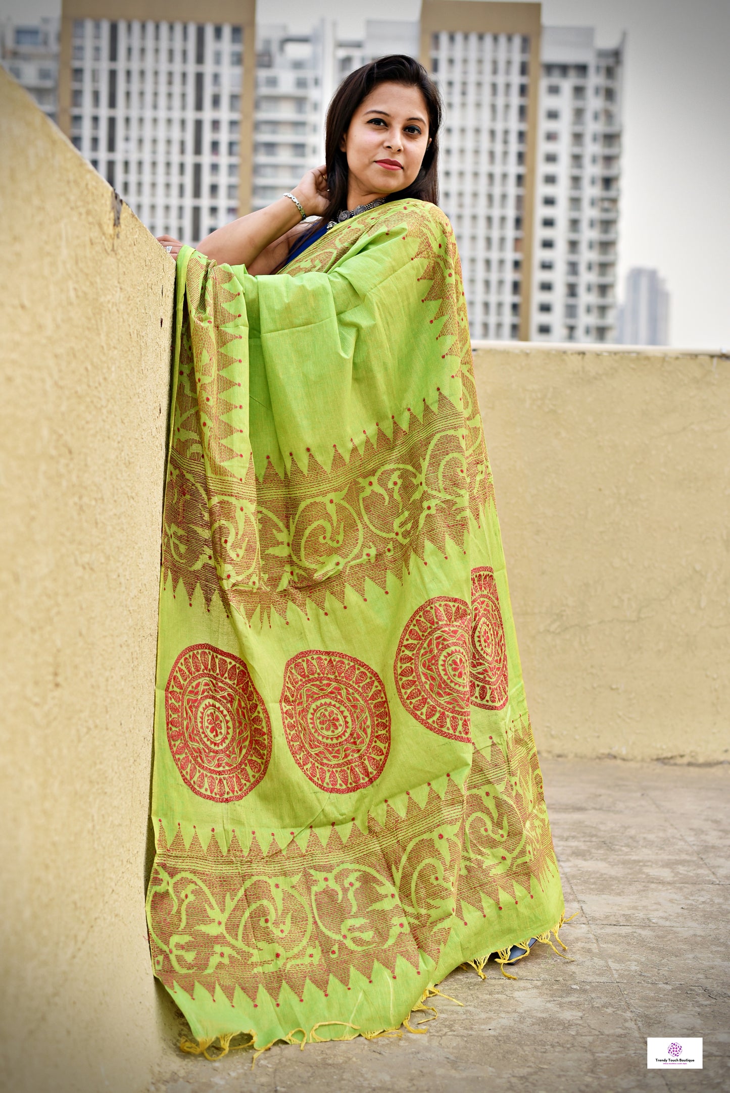 green yellow khadi cotton kantha handembroidered designer saree best summer fabric wedding and casual celebration get together with blouse piece best price