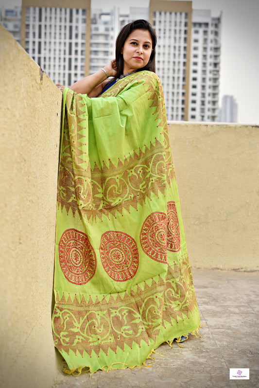 green yellow cotton kantha handembroidered designer saree best summer fabric wedding and casual celebration get together with blouse piece best price