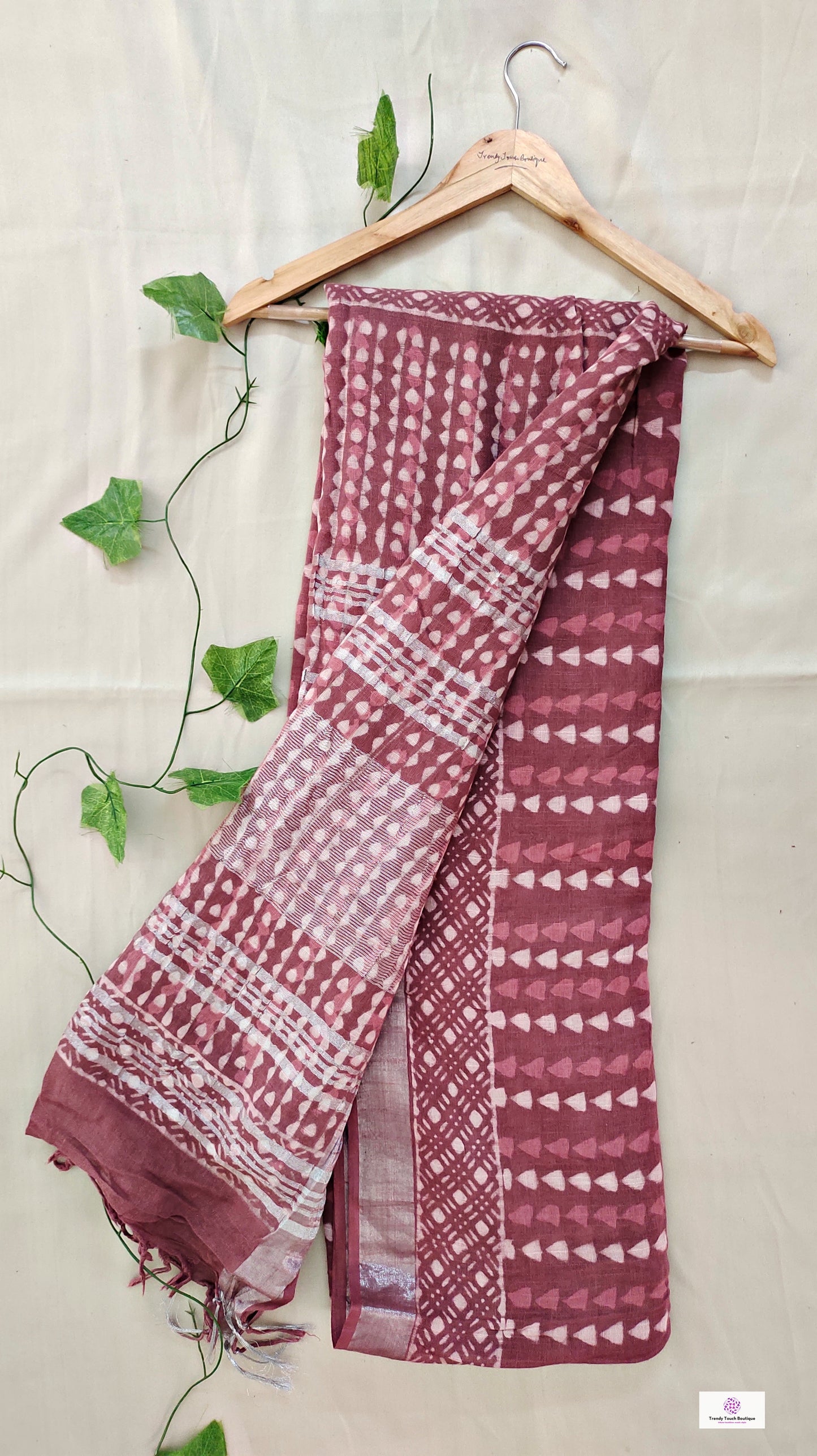 best summer handwoven handloom fabric handblock print organic slub linen saree pastel color brown at best price with blouse piece for office wear or everyday styling!