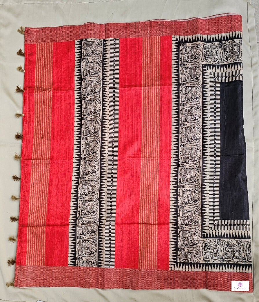 semi tussar silk madhubani and bishnupuri digital print black and red saree for regular wear and casual function office for women with blouse piece and best price