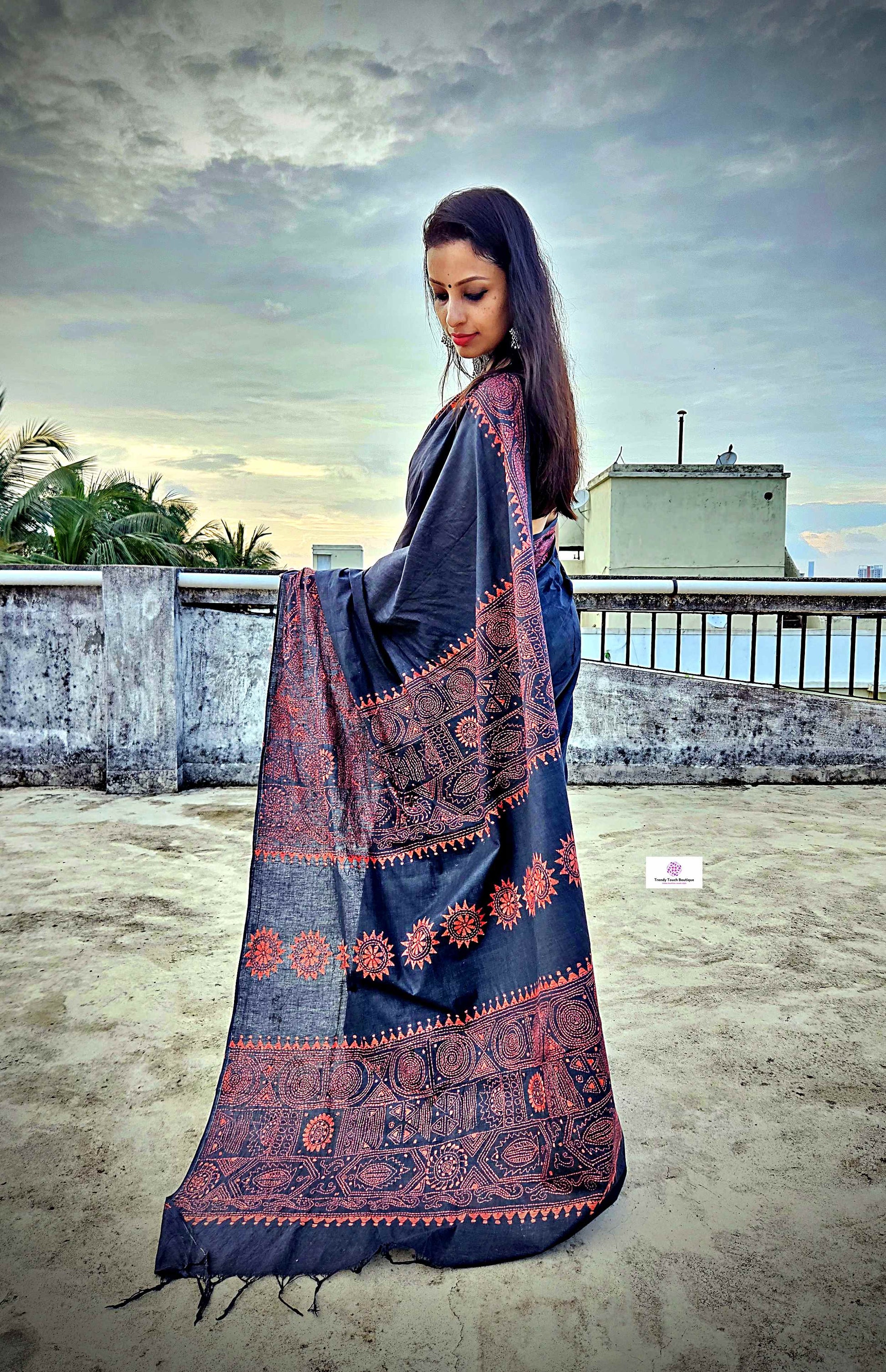 Khadi cotton handloom black saree with orange thread kantha hand embroidered best summer fabric for formal and casual styling marriage functions and family events with blouse piece best price