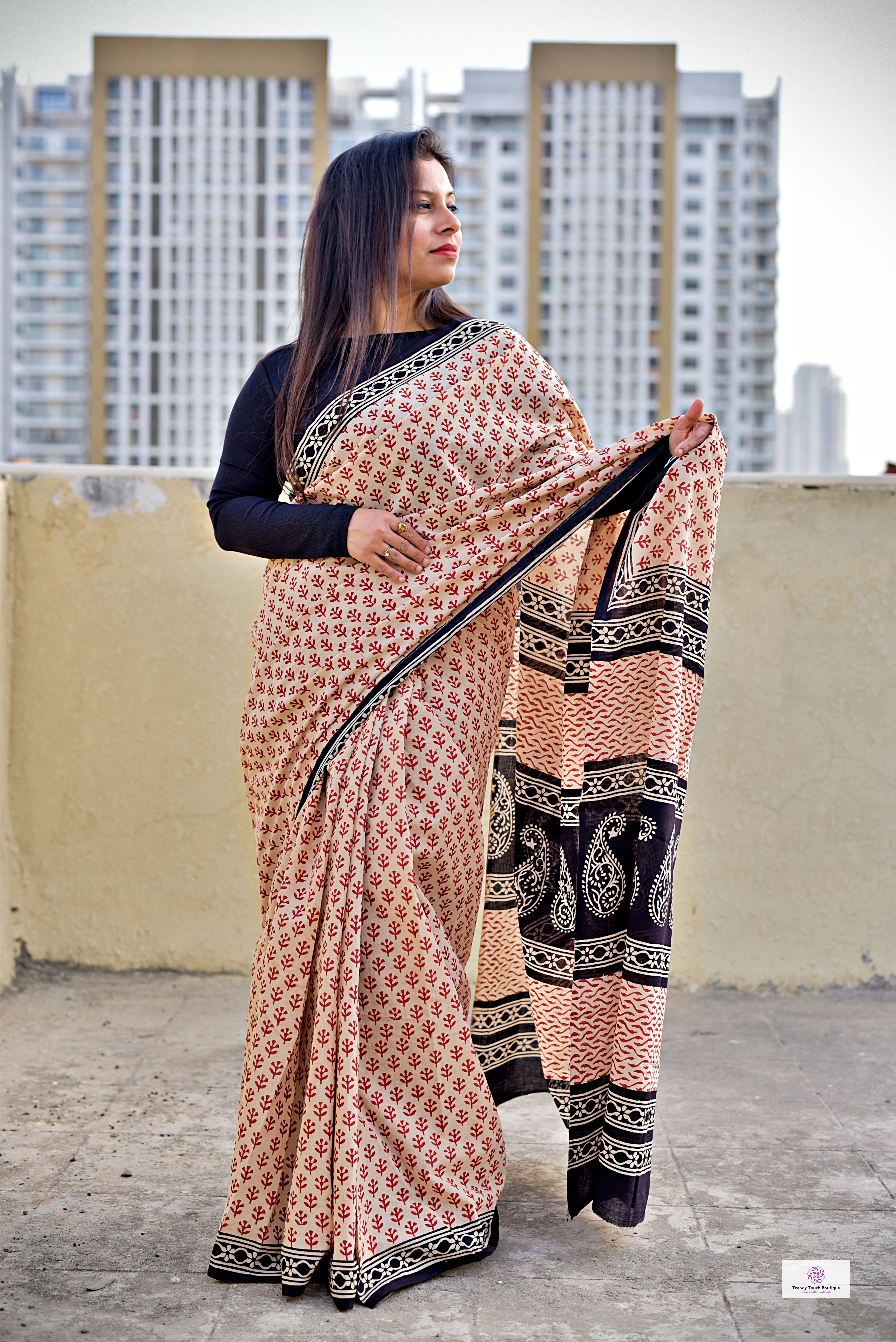 MEET Handblockprint Organic Mul Cotton Saree Trendy Touch Boutique