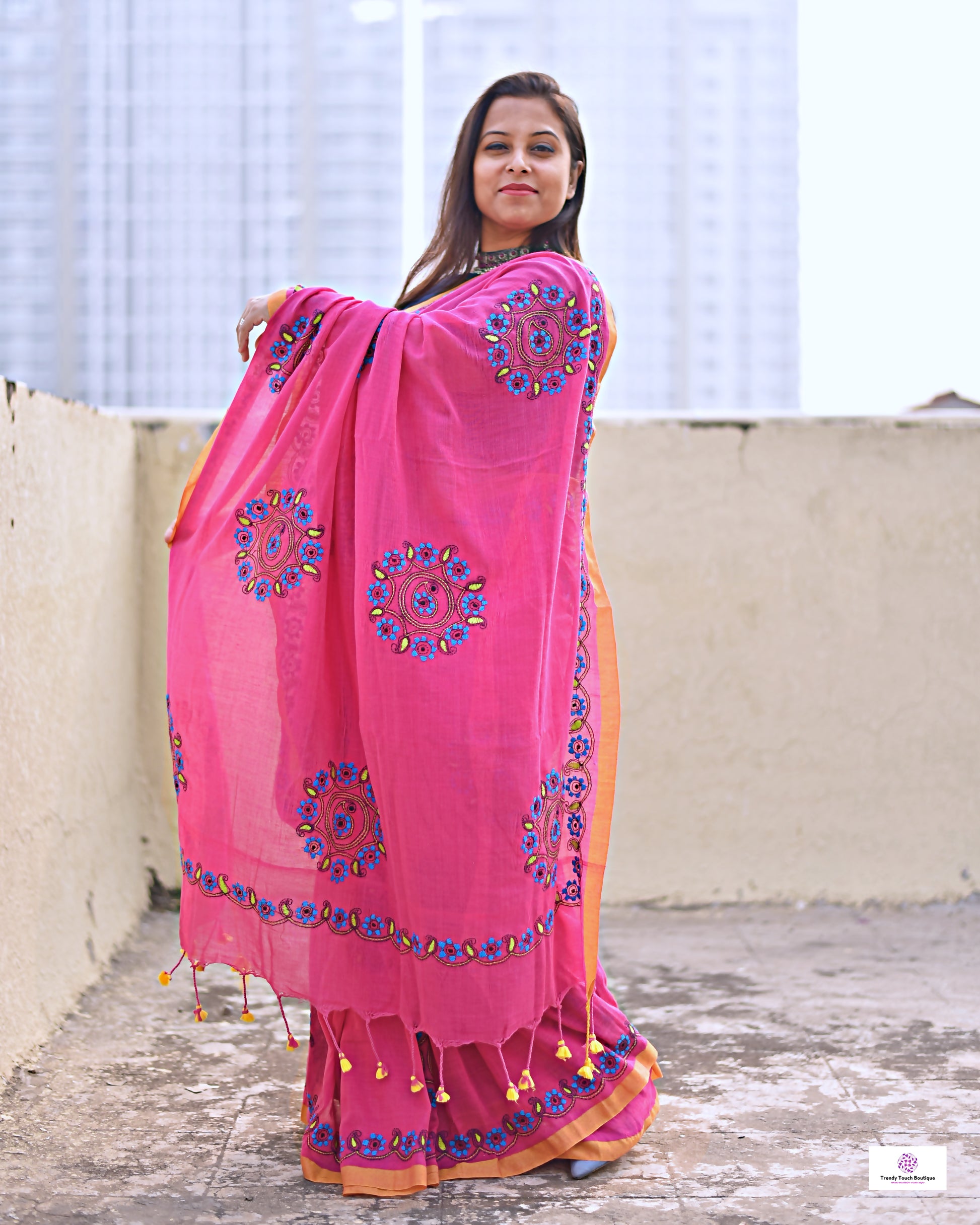 kantha handembroidered pink mulcotton saree with yellow tassel for office wear and casual outing wedding and special functions with blouse piece best price