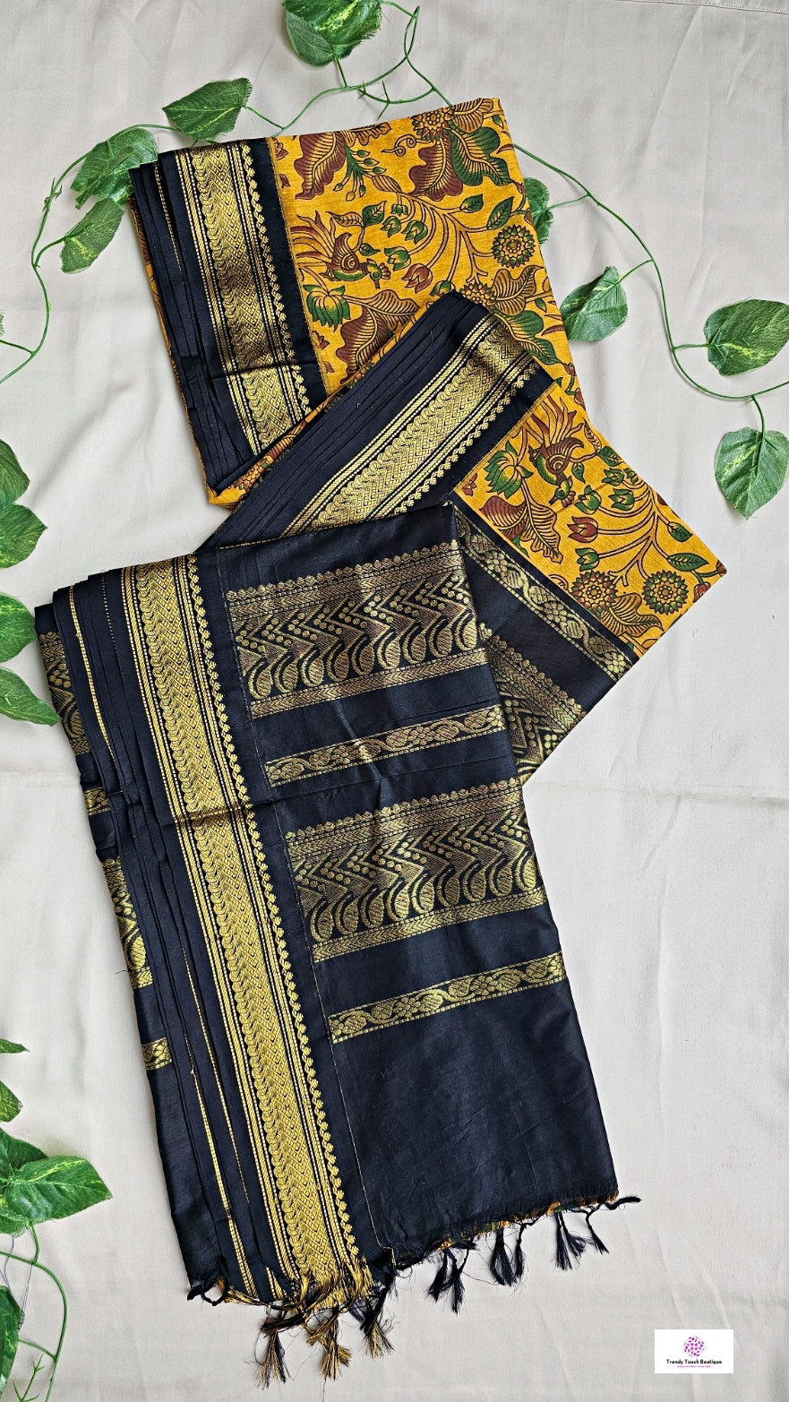 kalyani cotton gadwal kalamkari print yellow black saree lightweight for office and special function with blouse piece best price