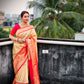 red chandan golden soft silk saree puja and homewarming ceremony wedding functions best price with blouse piece zari work saree