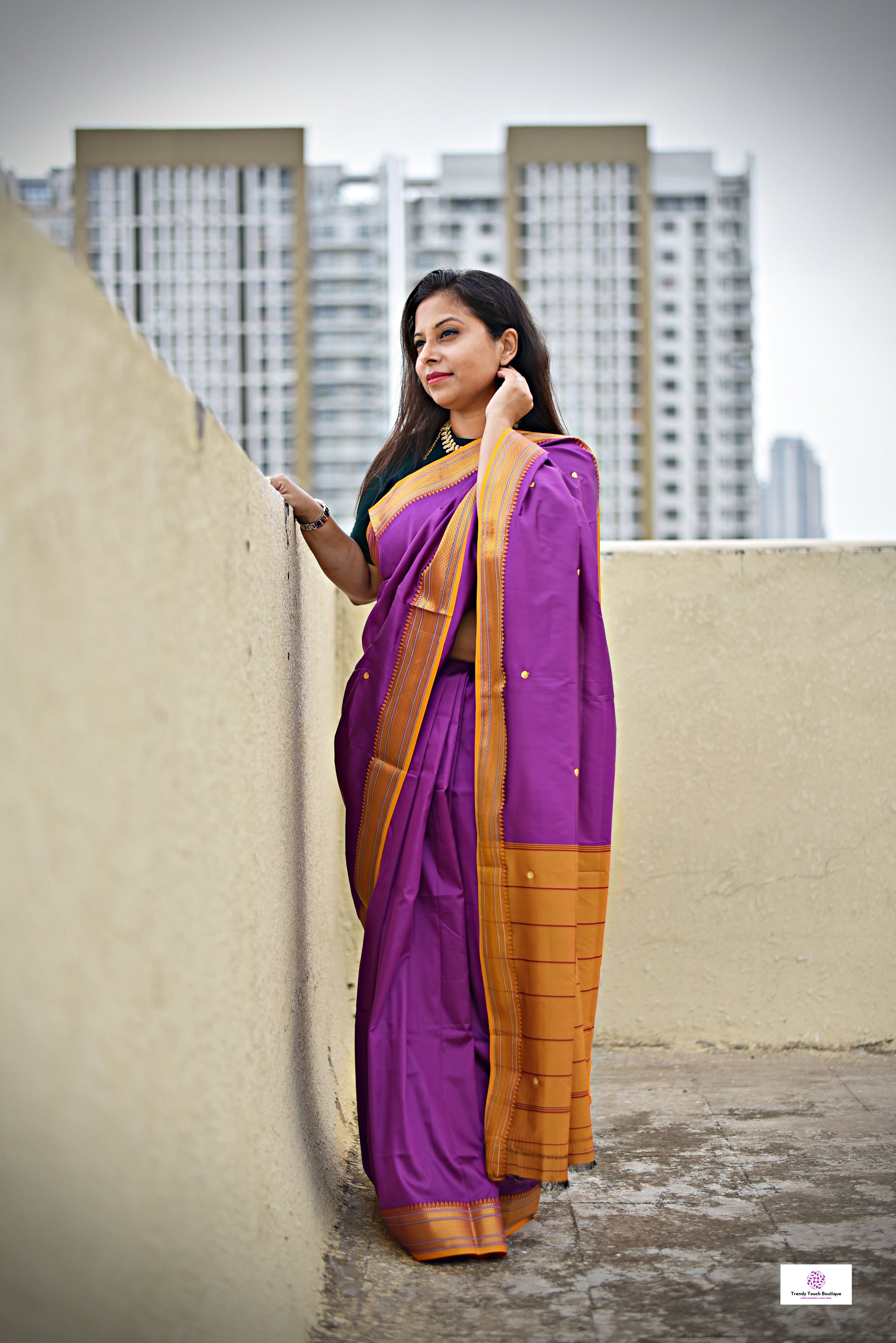 Fabulous Peach online Purple Kataan Silk Saree.