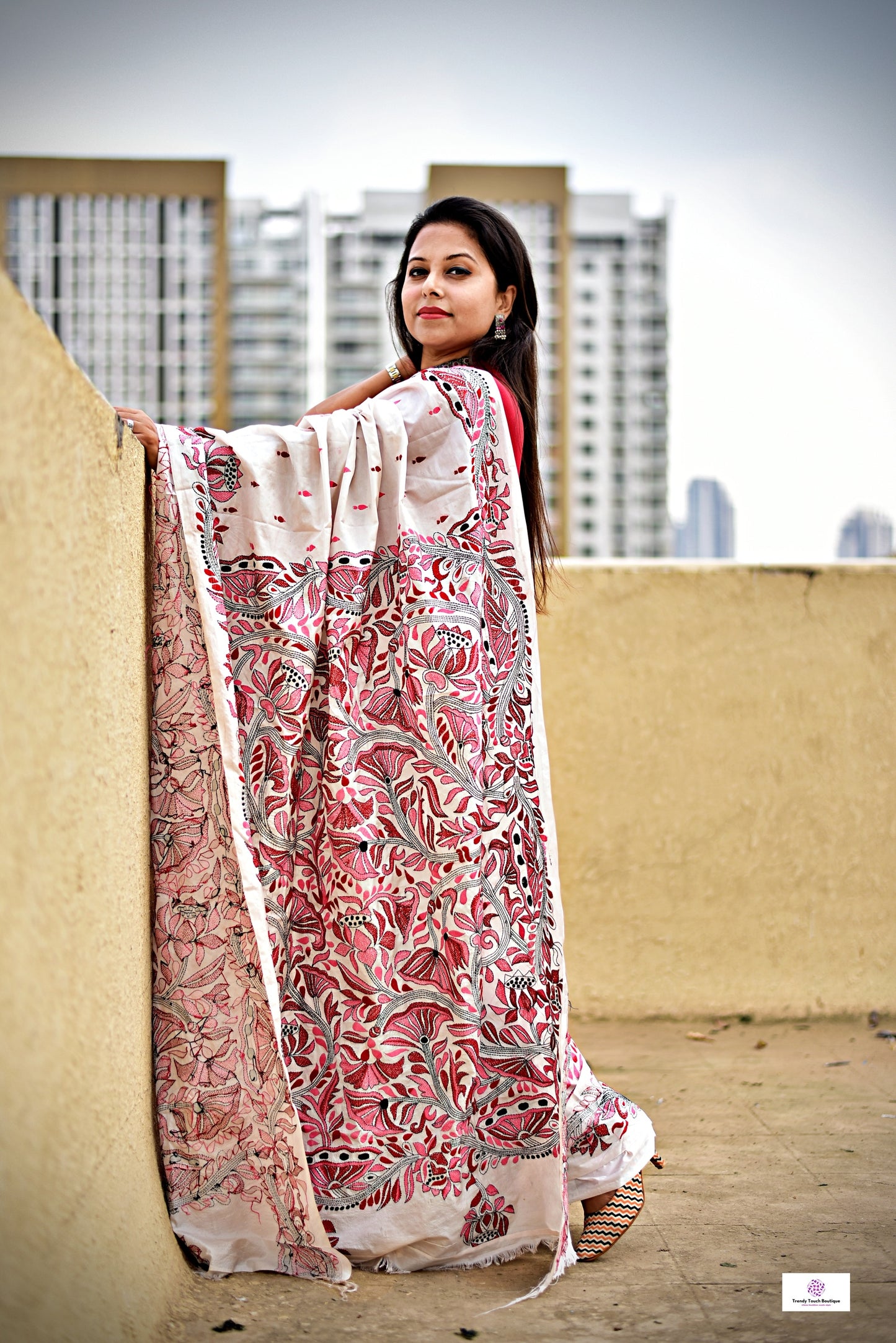 kantha hand embroidered designer bangalore art silk saree white with lotus kantha work in red maroon pink and black best summer fabric blouse piece for wedding functions and special celebrations style festive wear saree