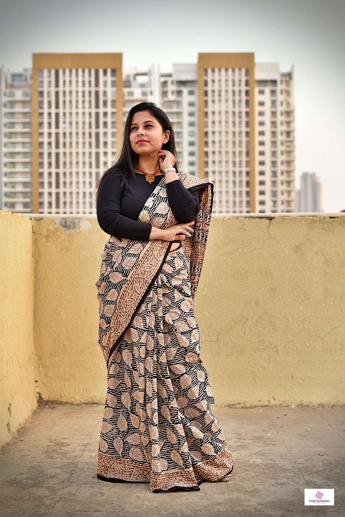 Handblock print mulcotton saree best summer fabric for office and casual styling with blouse piece black and ivory best price