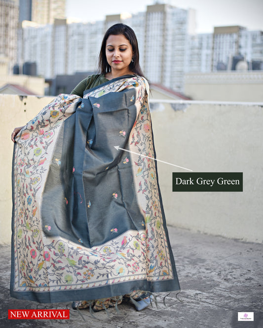 Dark Grey Green semi tussar silk aaree paithani pattern digital print for regular wear and casual function office for women with blouse piece and best price