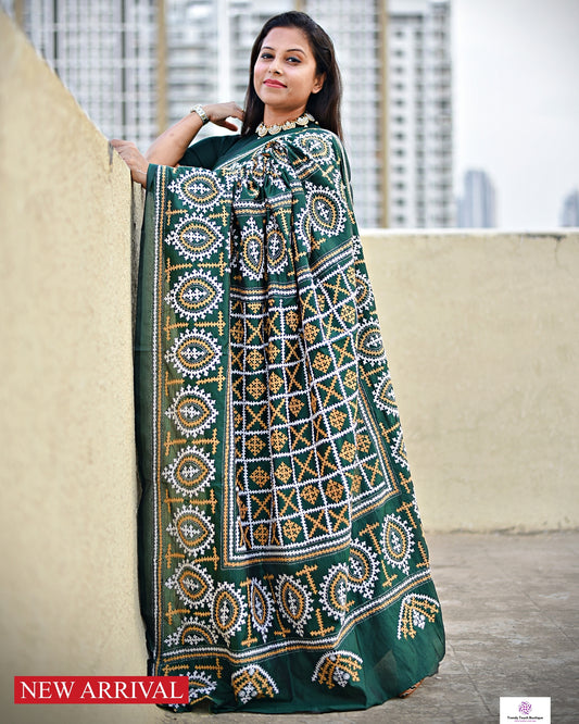 ARANYA - KUTCH HAND EMBROIDERED - BLENDED BANGALORE SILK (BOTTLE GREEN)