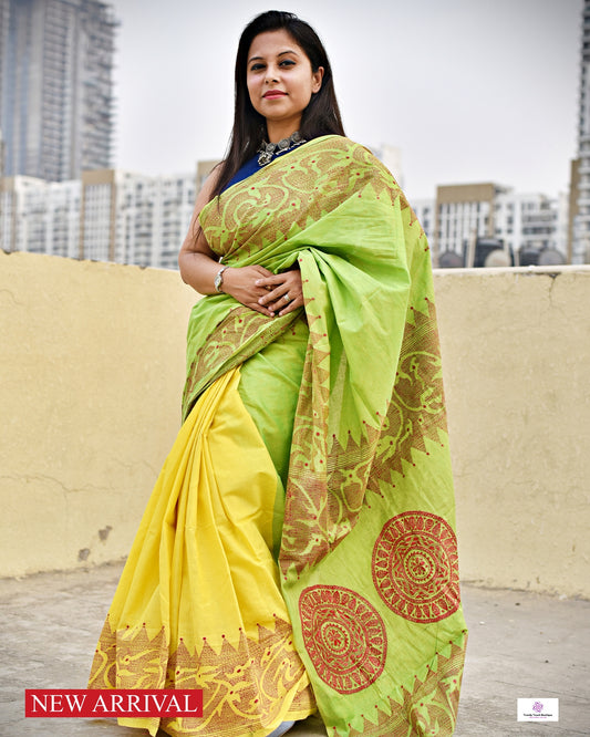 KAYA - KANTHA HAND EMBROIDERED - DESIGNER KHADI COTTON SAREE