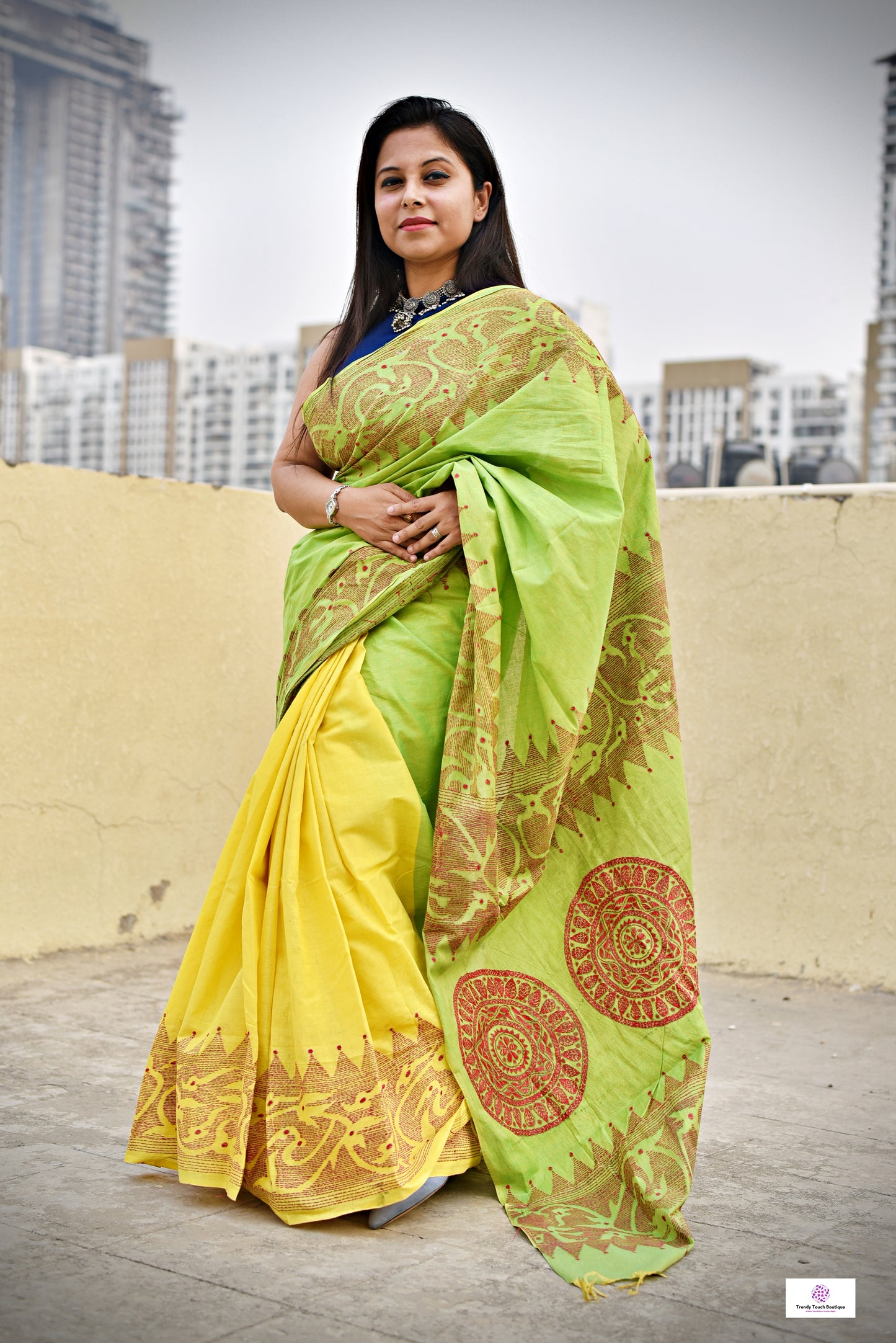 green yellow khadi cotton kantha handembroidered designer saree best summer fabric wedding and casual celebration get together with blouse piece best price