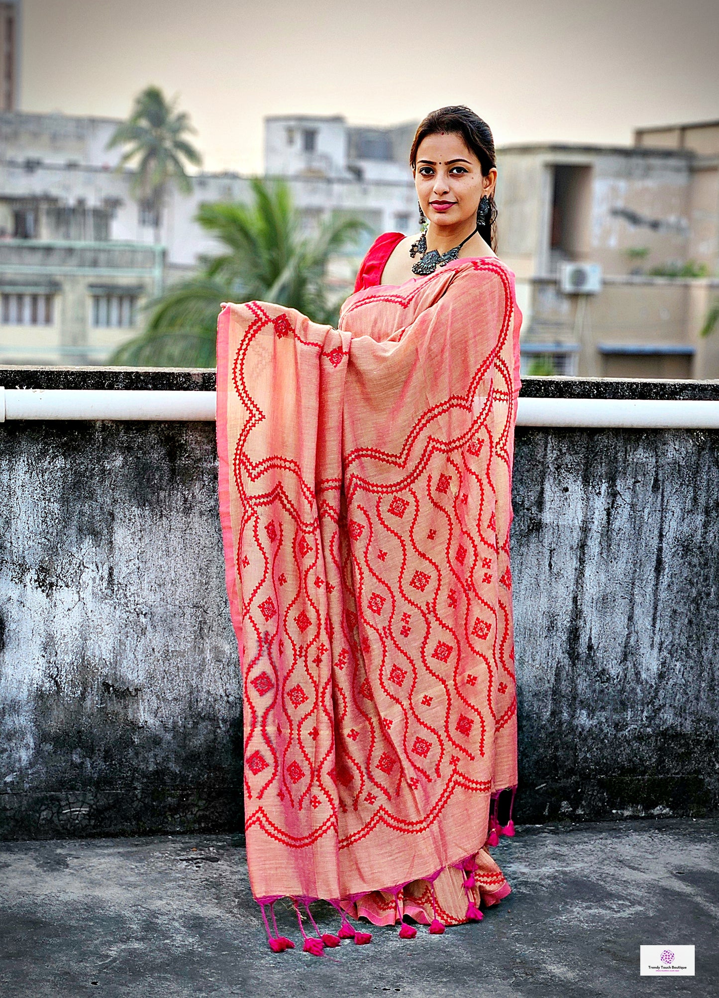 kutch handembroidered mulcotton designer saree for summer parties and functions red and pink