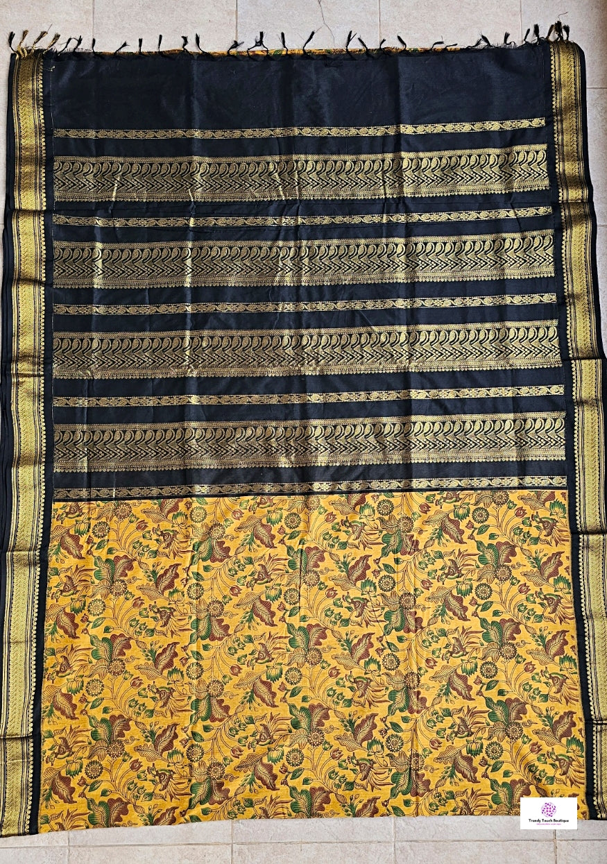 kalyani cotton gadwal kalamkari print yellow black saree lightweight for office and special function with blouse piece best price