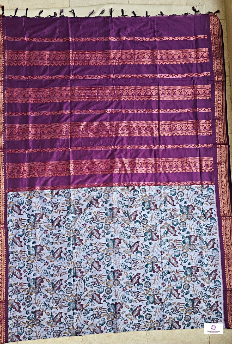 kalyani cotton gadwal kalamkari print  zari border lavendar magenta saree lightweight for office and special function with blouse piece best price