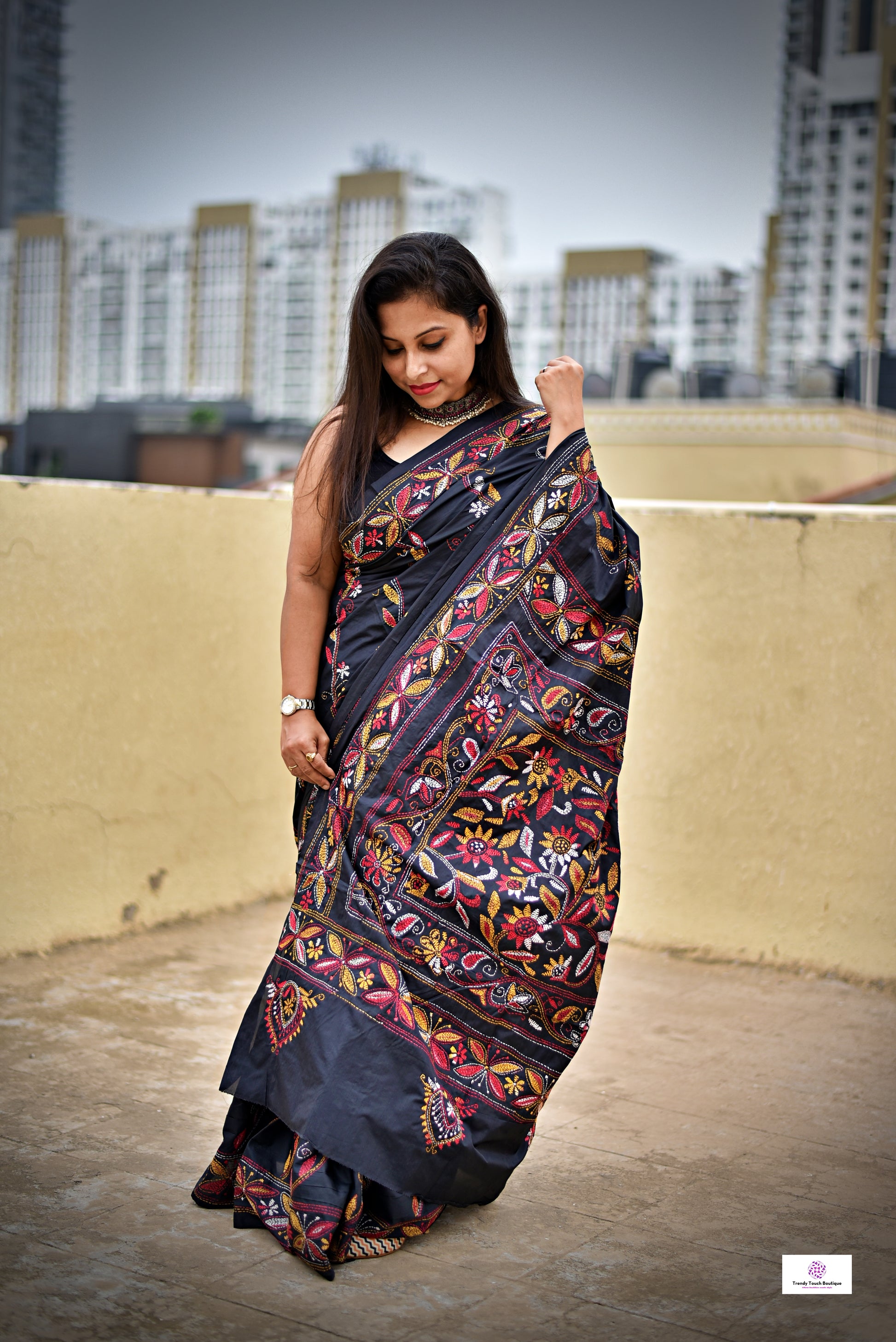 Kantha handembroidered designer black bangalore art lightweight silk saree with floral work for wedding functions and office events